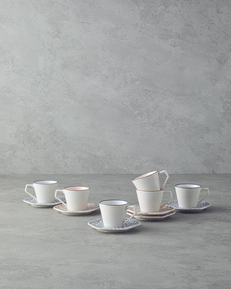 Professional Bone Porcelain Coffee Cup Set   6 Person   12 Piece   Orange Blue