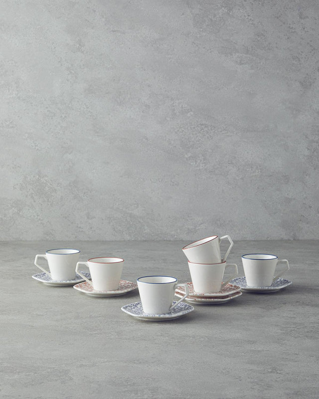 Professional Bone Porcelain Coffee Cup Set   6 Person   12 Piece   Orange Blue