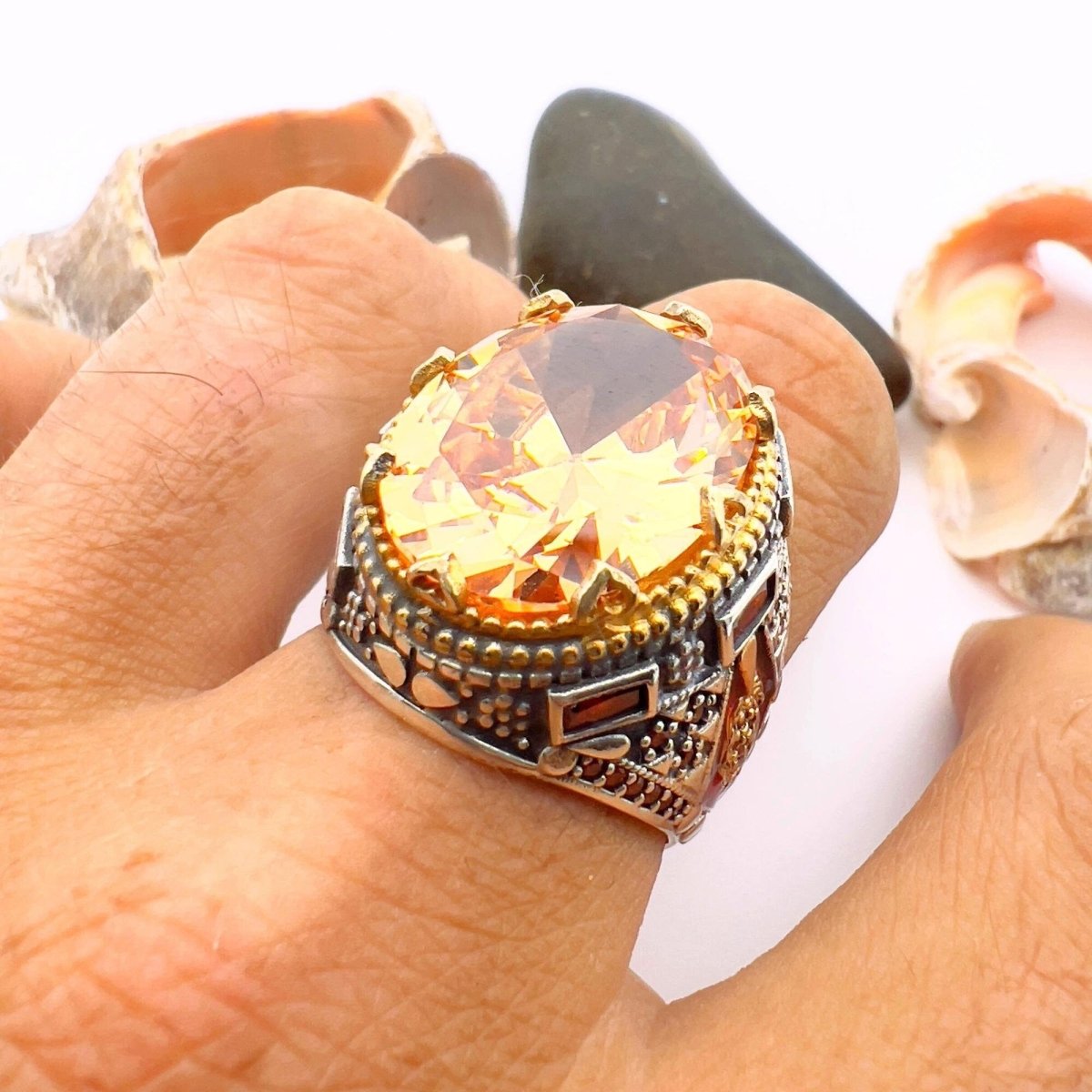 Exquisite Men's Champagne Citrine Sterling Silver Ring | Handmade Turkish Jewelry - TryAladdin