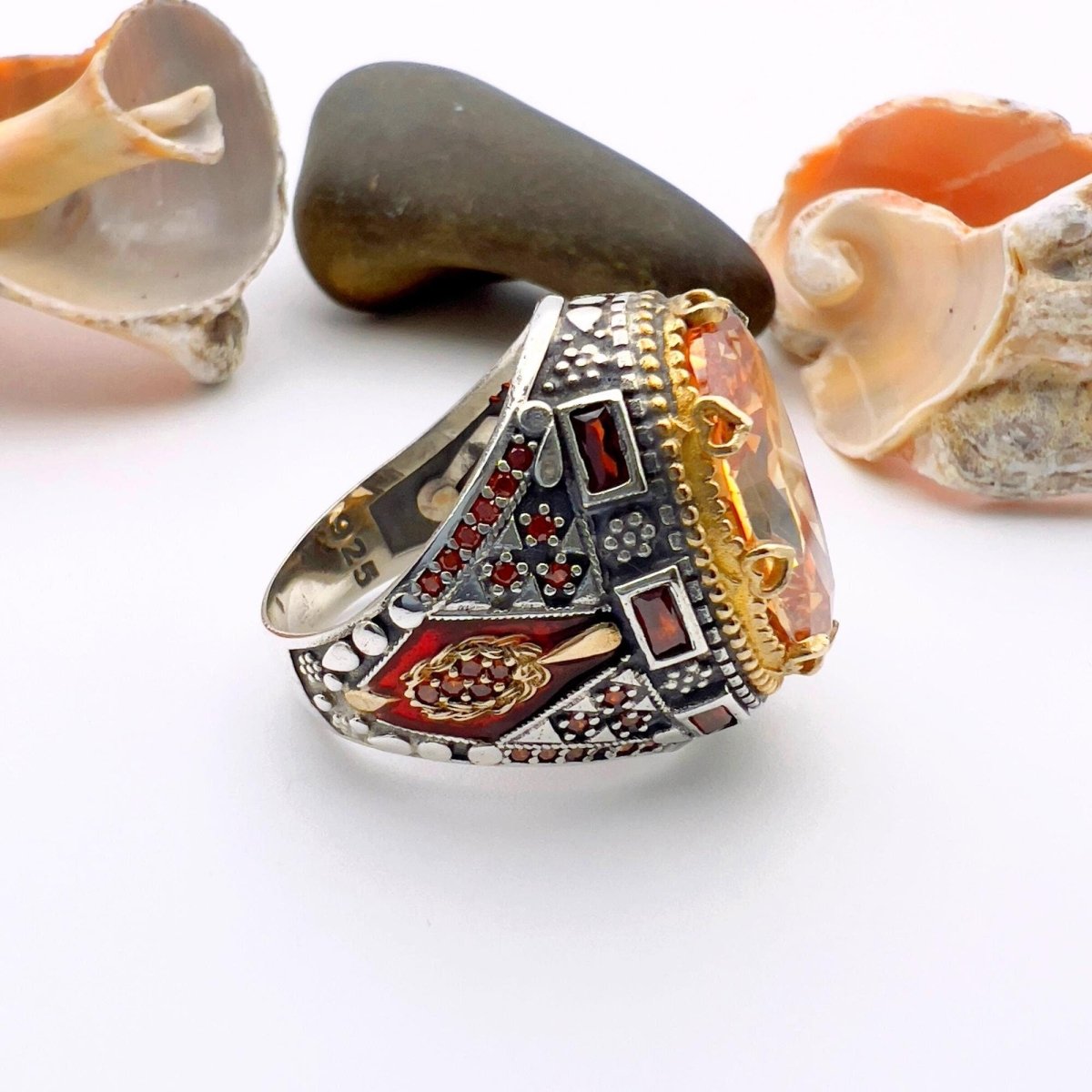 Exquisite Men's Champagne Citrine Sterling Silver Ring | Handmade Turkish Jewelry - TryAladdin