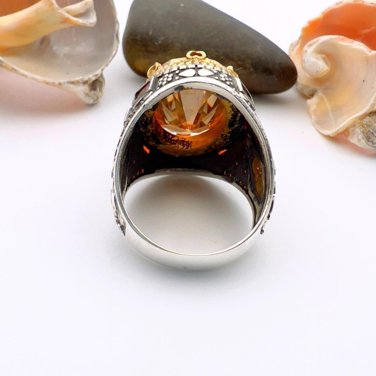 Exquisite Men's Champagne Citrine Sterling Silver Ring | Handmade Turkish Jewelry - TryAladdin