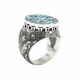 Sterling Silver Handcrafted Men's Ring with Aquamarine and Engraved Column Motif