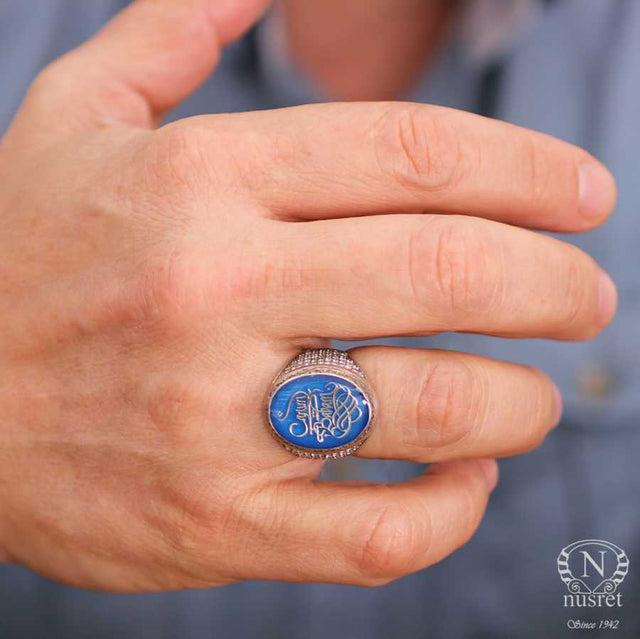 Sterling Silver Men's Ring - "My Dear Father" Calligraphy & Blue Enamel