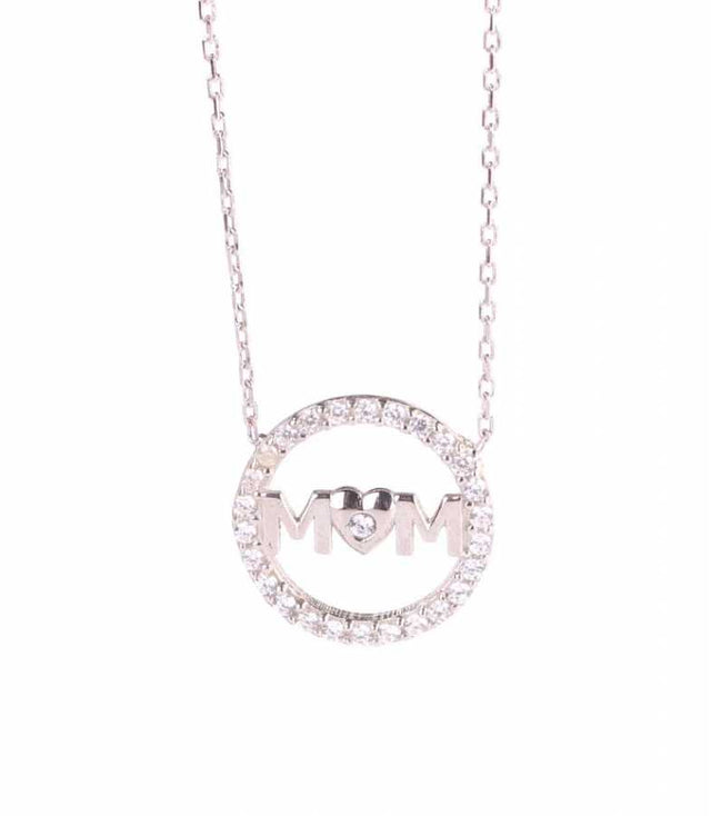 Sparkling Sterling Silver White Zircon 'Mom' Pendant Necklace