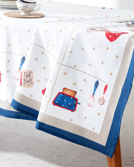 Versatile Polycotton Tablecloth, White & Navy Blue Design