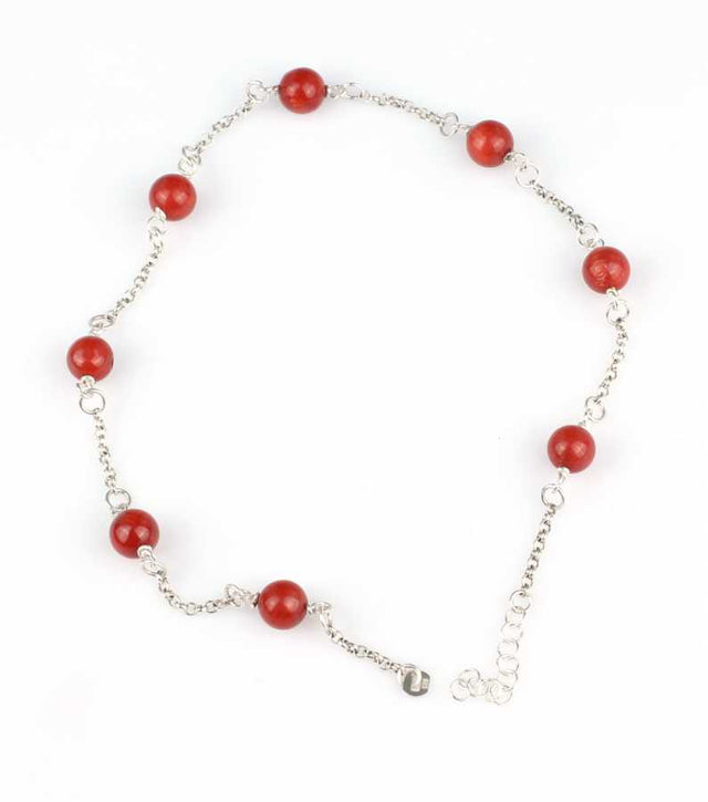 925 Sterling Silver Anklet with Eight Coral Stones - Delicate Style
