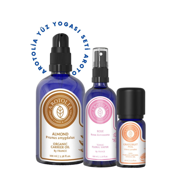 Face Yoga Skincare Set with Sweet Almond & Geranium Oil, Rose Water Toner