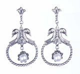 Sterling Silver Pearl Swan Earrings - Antique Byzantine Style