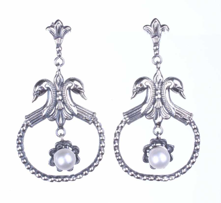 Sterling Silver Pearl Swan Earrings - Antique Byzantine Style