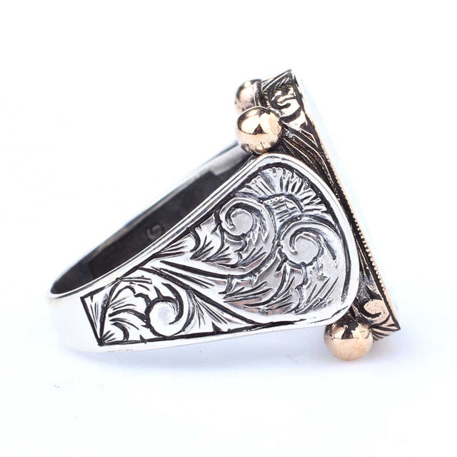 925 Sterling Silver & Bronze Men's Ring - Elif Vav Black Enamel