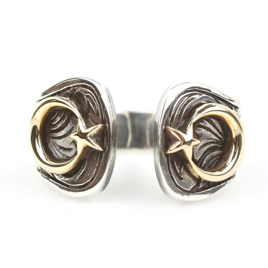 Bague pour homme en argent sterling - Croissant et étoile gravés à la main