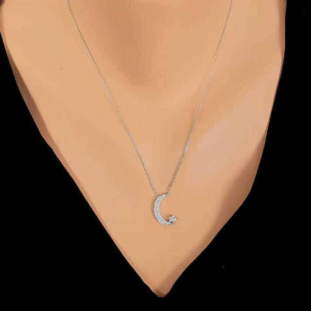 925 Sterling Silver Moon & Star Zircon Pendant Necklace