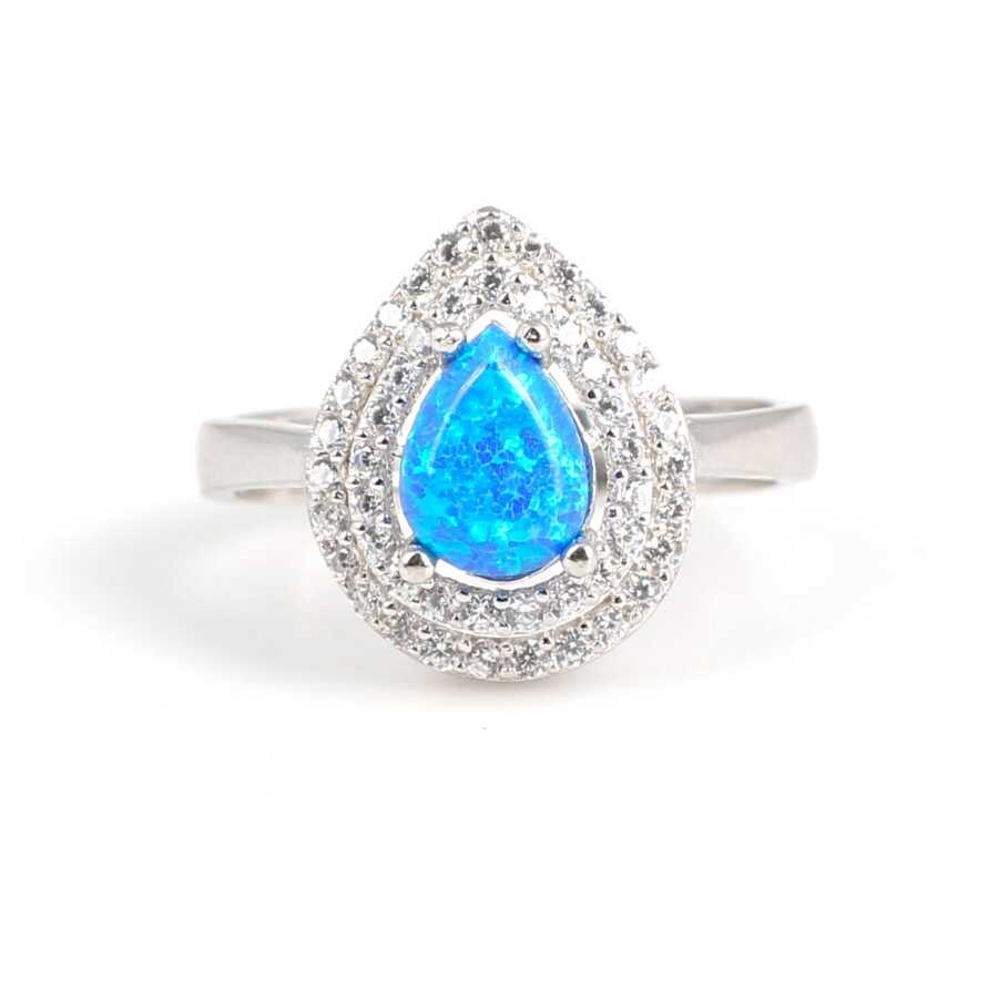 Premium 925 Sterling Silver Blue Drop Opal Entourage Ring