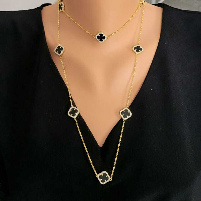 Premium 925 Sterling Silver Clover Onyx Necklace