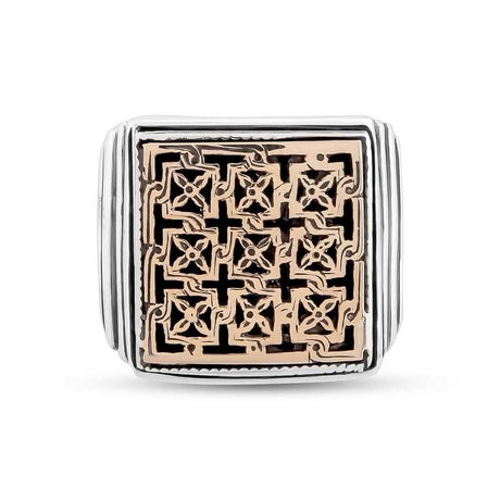 925 Sterling Silver & Bronze Blend Ring - Square Byzantine Authentic Design