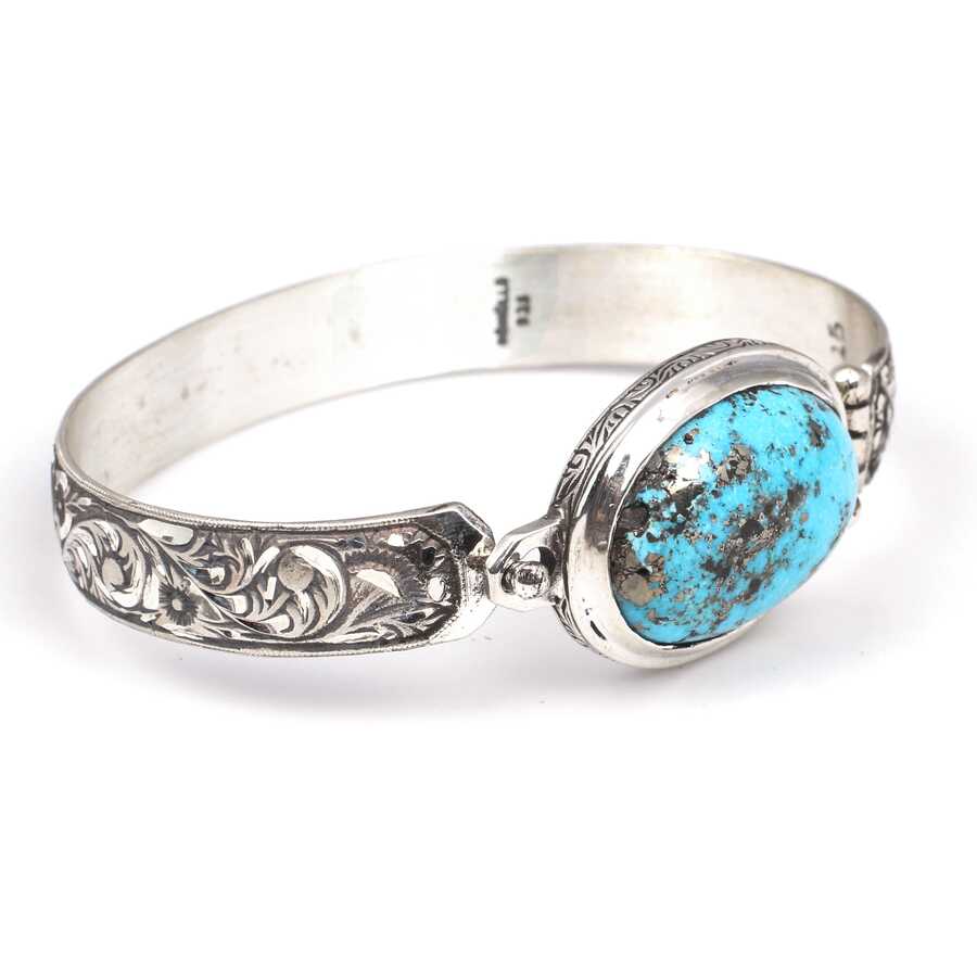 Sterling Silver Turquoise Unisex Bracelet with Hand-Engraved Design