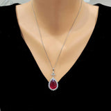 Sterling Silver Teardrop Ruby Zircon Halo Pendant Necklace