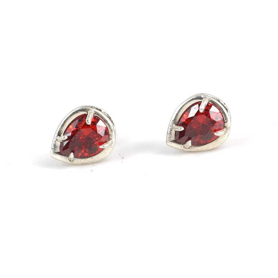 925 Sterling Silver Ruby Zircon Teardrop Stud Earrings - Classic Design