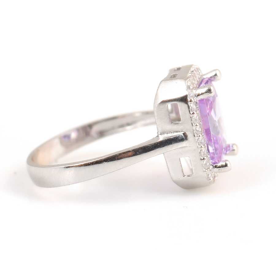 925 Sterling Silver Amethyst & Zircon Rectangular Statement Ring