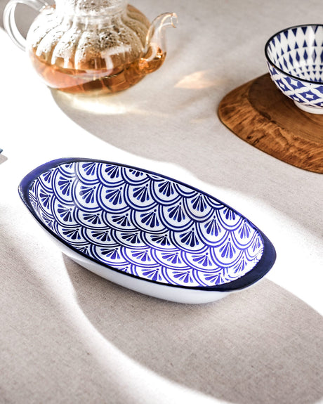 New Bone China Oval Plate with Handles - Rêve Bleu Design