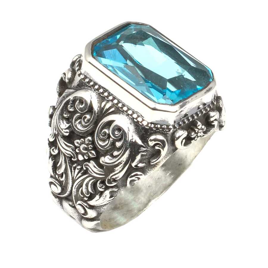 Bague pour homme en argent sterling 925 gravée à la main avec aigue-marine