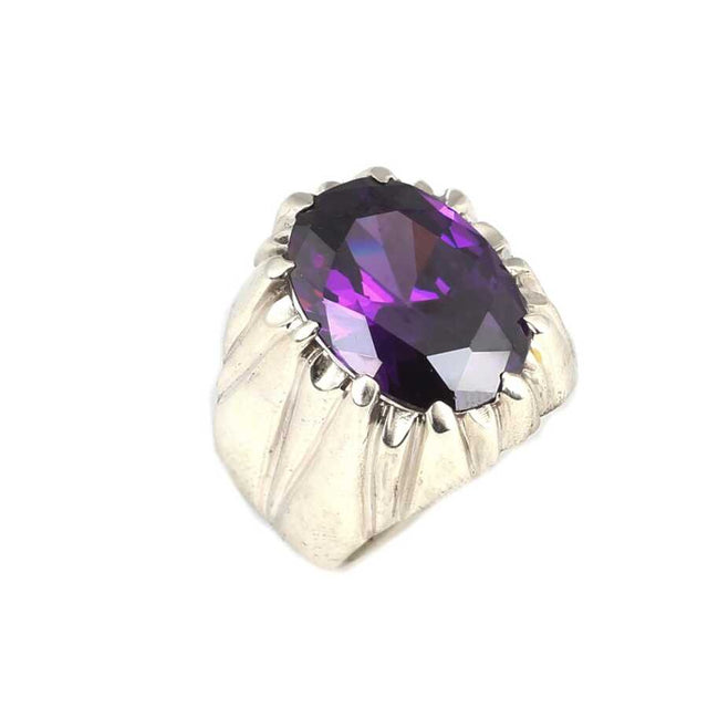 Sterling Silver Amethyst Men's Ring - Bold Flat Polished Design