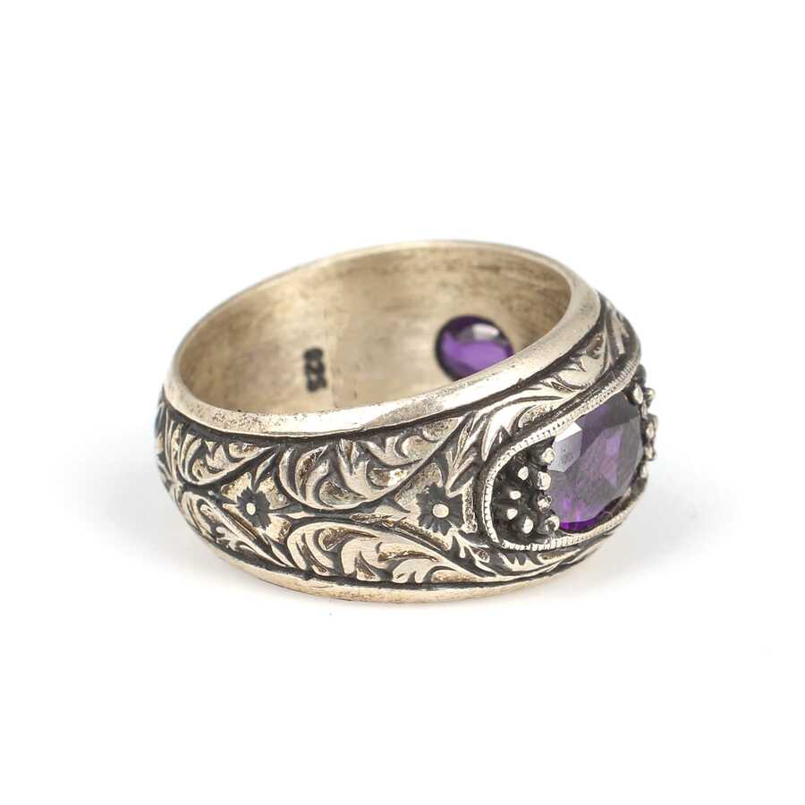 925 Sterling Silver Engraved Three-Stone Men's Ring with Amethyst Zircon