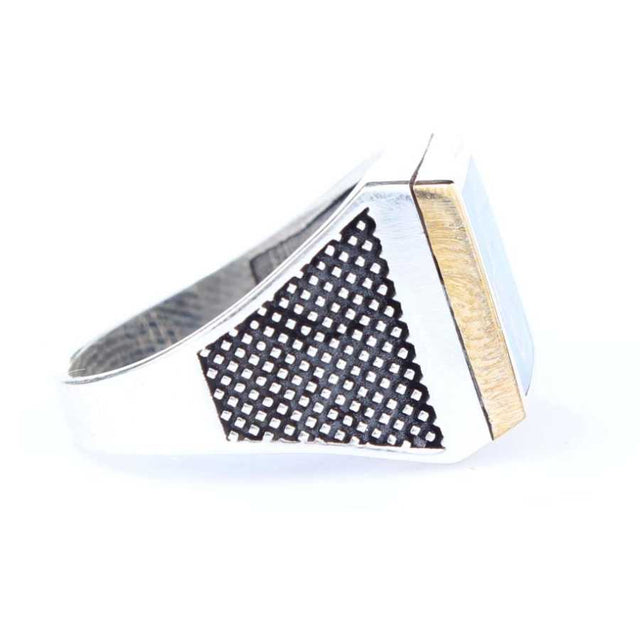 Sterling Silver & Bronze Men's Ring - Square Blue Enamel Ottoman Calligraphy Seal
