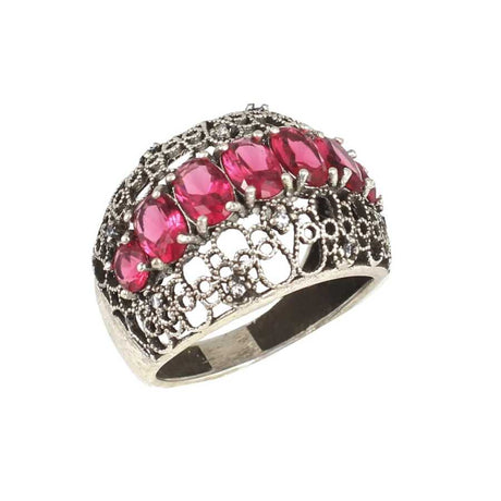 925 Sterling Silver Filigree Ring with Red & White Zircon