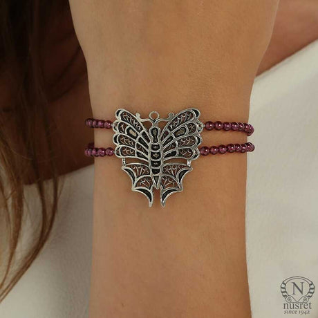 Sterling Silver Garnet Butterfly Bracelet - Elegant Design