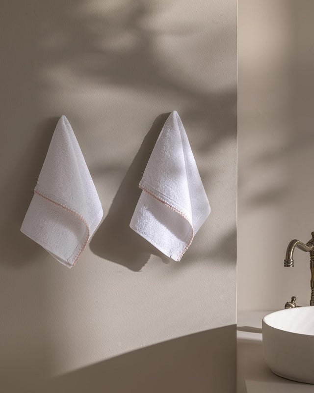 Aveline Crocheted 100% Cotton Hand Towel Set - 2 Pack, White & Powder