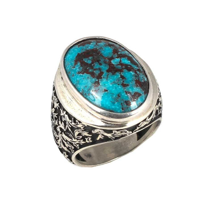 Sterling Silver Men's Ring - Oval Real Turquoise & Hand-Engraved
