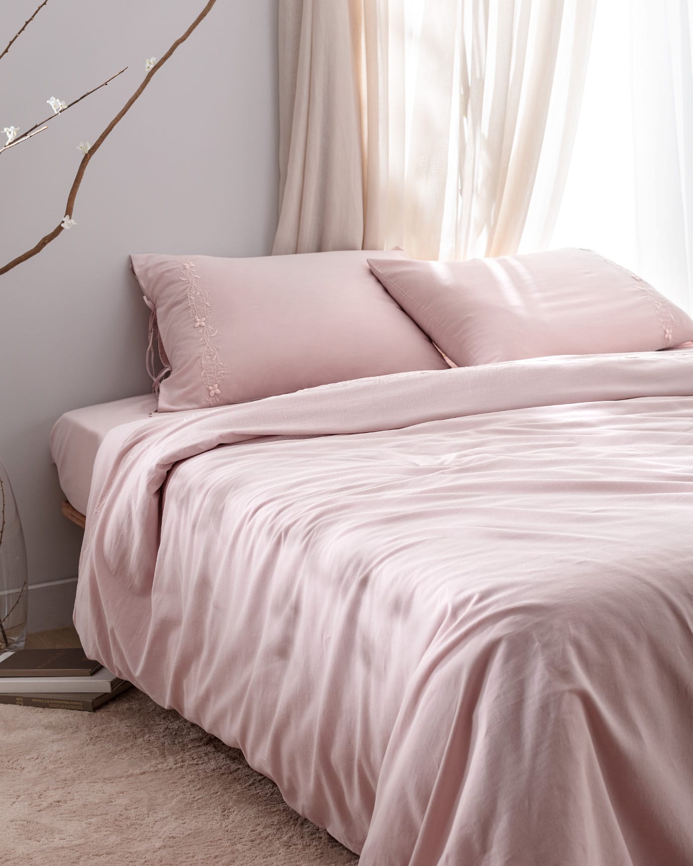 Blush Pink 100% Cotton Embroidered Full/Queen Duvet Cover Set