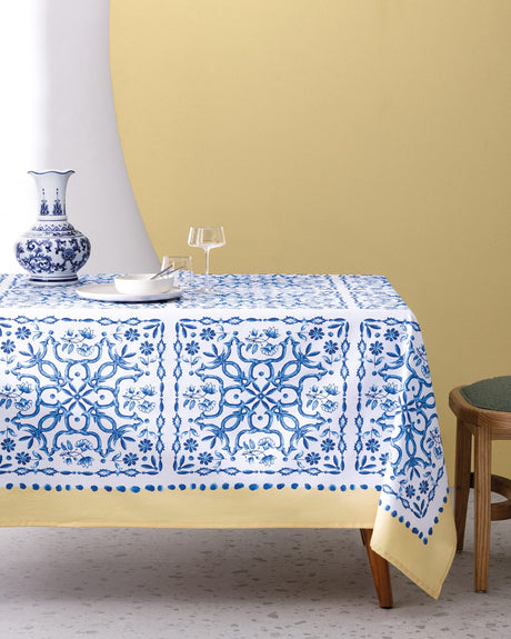 Ligny Polycotton Tablecloth - Blue Beige Stripe Dining Linen