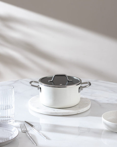 Titanium Enamel Deep Cooking Pot, 18 cm, White