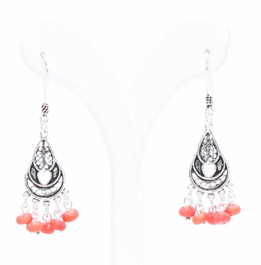 925 Sterling Silver Filigree Earrings with Coral - Crescent Design