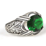 Sterling Silver Men's Ring - Oval Faceted Synthetic Emerald