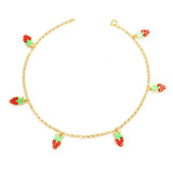 925 Sterling Silver Enamel Strawberry Charm Anklet - Summer Style