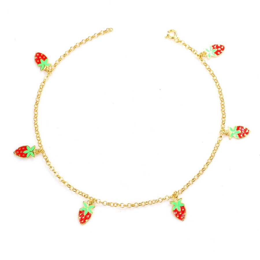 925 Sterling Silver Enamel Strawberry Charm Anklet - Summer Style