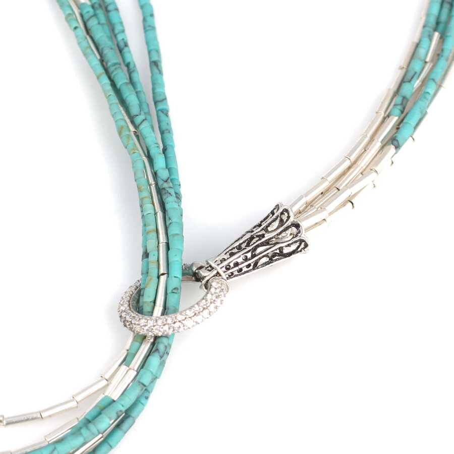 Sterling Silver Turquoise 6-Row Adjustable Necklace - Statement Piece