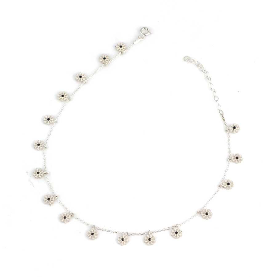 Sterling Silver Snowflake Anklet - Adorned with Black Zircon Stones