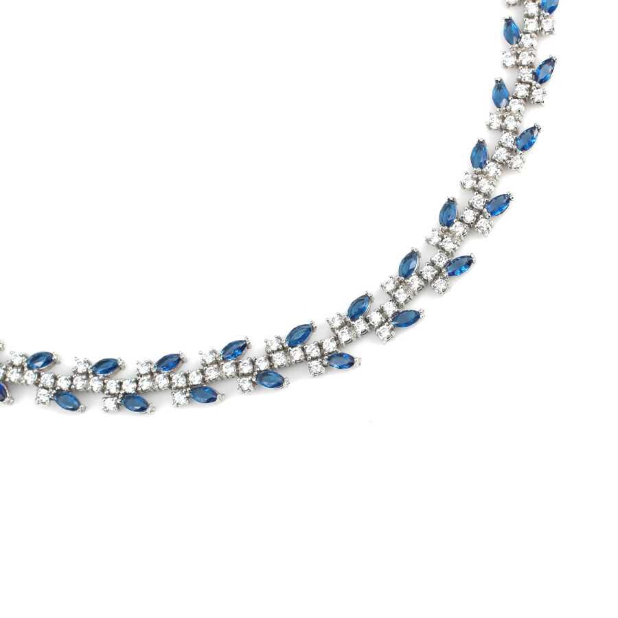 Sterling Silver Zircon Waterfall Necklace - Leaf Motif Design