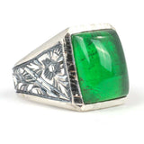 925 Sterling Silver Men's Ring - Hand-Engraved Green Pressed Amber