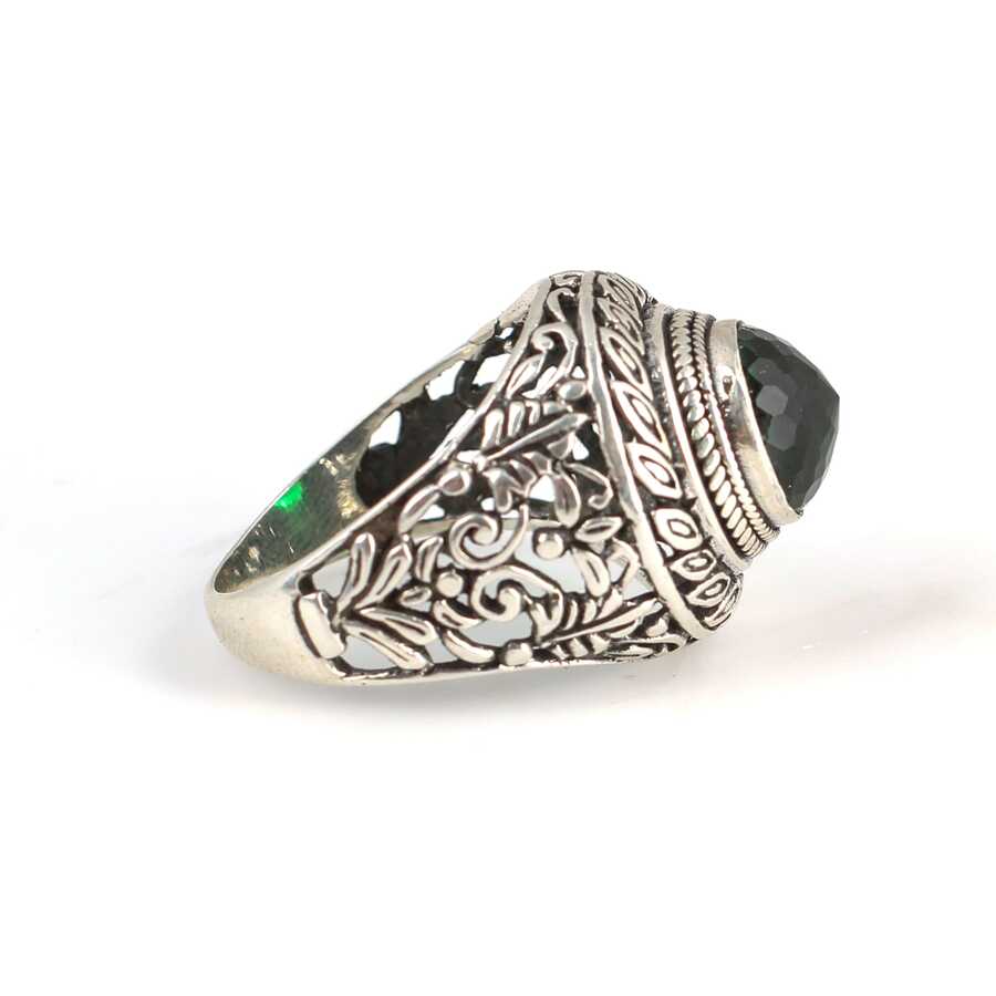 925 Sterling Silver Men's Ring - Round Green Zircon Faceted Stone