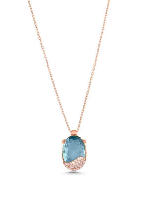 925 Sterling Silver Aquamarine & Zircon Gemstone Pendant Necklace