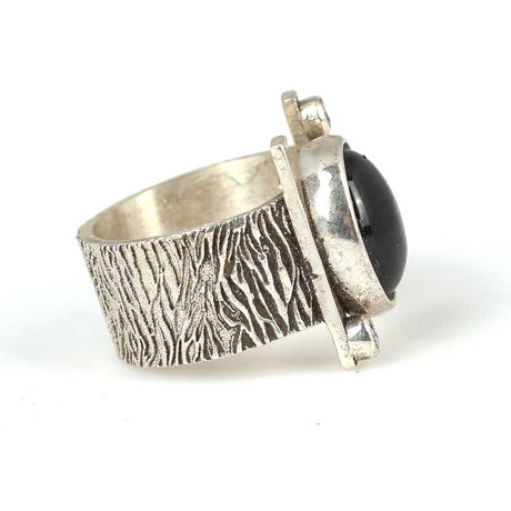 Sterling Silver Tree Bark Textured Ring with Onyx & Zircon Accents