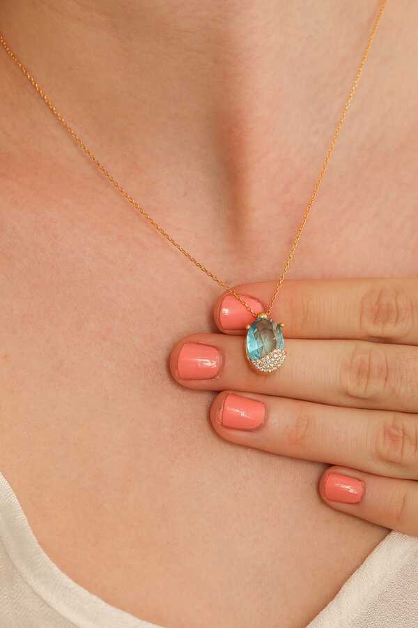 925 Sterling Silver Aquamarine & Zircon Gemstone Pendant Necklace