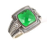 Sterling Silver Synthetic Emerald Men's Ring - Four-Cornered Faceted Stone