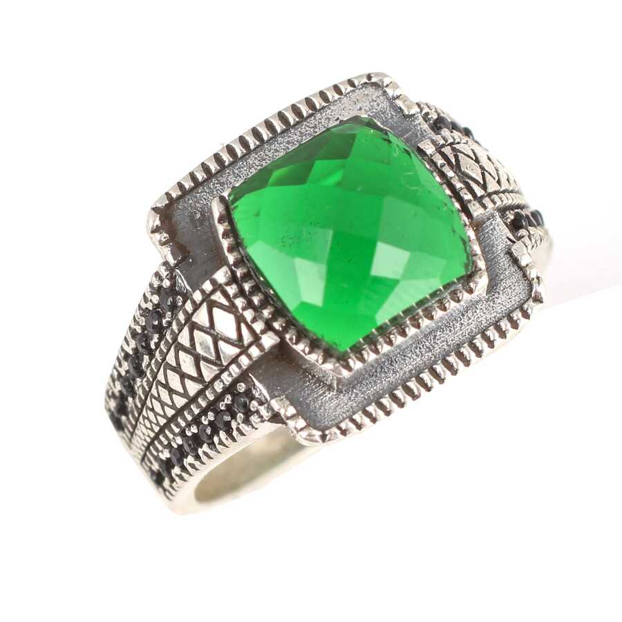 Sterling Silver Synthetic Emerald Men's Ring - Four-Cornered Faceted Stone
