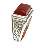 Bague homme en argent sterling 925 - Agate rectangulaire et motif floral
